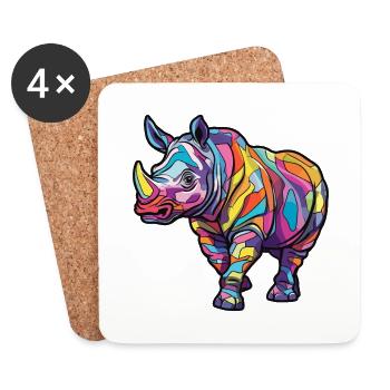 Rhinocéros Aquarelle Colorée Dessin Animé Kawaii Animal - Dessous de verre (lot de 4) - blanc - Devant