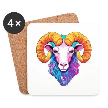 Ram Colorful Watercolor Cartoon Kawaii Animal - Coasters (set of 4) - white - Front