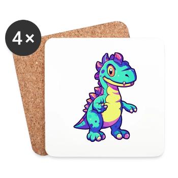 Dinosaure Aquarelle Colorée Dessin Animé Kawaii Animal - Dessous de verre (lot de 4) - blanc - Devant