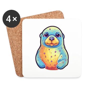 Siegel buntes Aquarell Karikatur Kawaii Tier - Untersetzer (4er-Set) - Weiß - Vorne