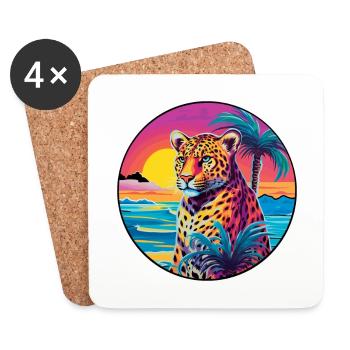 Amur Leopard Colorful Watercolor Cartoon Kawaii - Coasters (set of 4) - white - Front