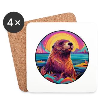 Beaver Colorful Watercolor Cartoon Kawaii Animal - Coasters (set of 4) - white - Front