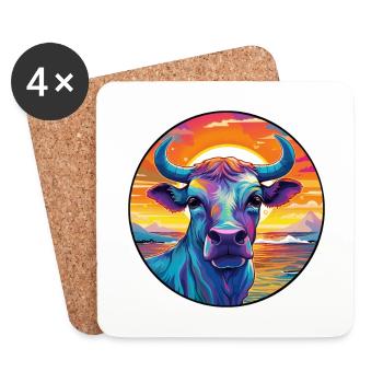 Bull Colorful Watercolor Cartoon Kawaii Animal - Coasters (set of 4) - white - Front