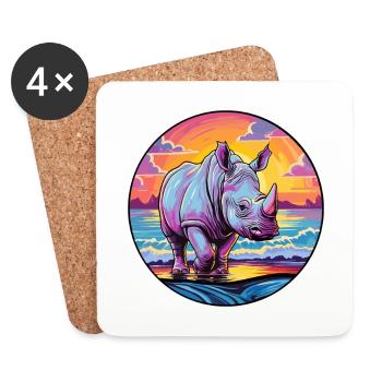 rhinocéros coloré aquarelle dessin animé Kawaii Animal - Dessous de verre (lot de 4) - blanc - Devant