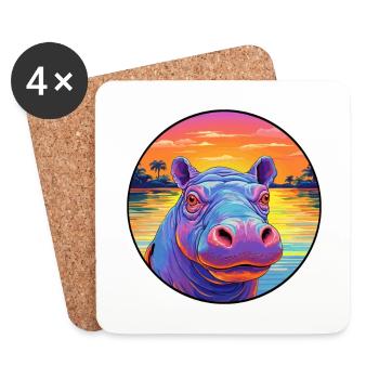 Hippo Colorful Watercolor Cartoon Kawaii Animal - Coasters (set of 4) - white - Front