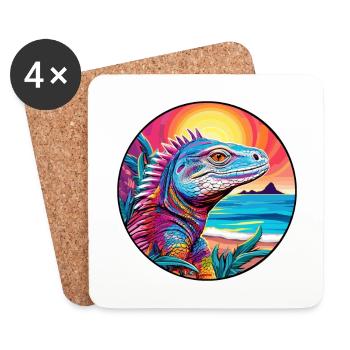 Iguana Colorful Watercolor Cartoon Kawaii Animal - Coasters (set of 4) - white - Front