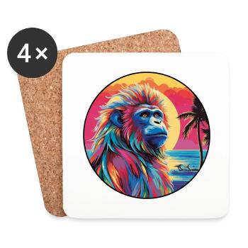 Mandrill Aquarelle Colorée Dessin Animé Kawaii Animal - Dessous de verre (lot de 4) - blanc - Devant