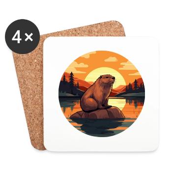 Beaver Colorful Watercolor Cartoon Kawaii Animal - Coasters (set of 4) - white - Front