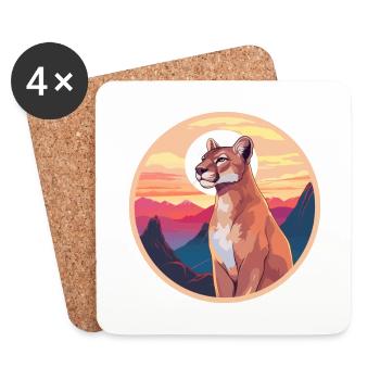 Cougar Aquarelle Colorée Dessin Animé Kawaii Animal - Dessous de verre (lot de 4) - blanc - Devant