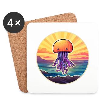 Jellyfish Colorful Watercolor Cartoon Kawaii Pet - Coasters (set of 4) - white - Front