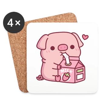 Cute Little Pig Loves Strawberry Milk - Coasters (set of 4) - white - Front