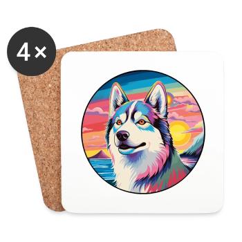 Husky-Hunderasse Buntes Karikatur-Aquarell - Untersetzer (4er-Set) - Weiß - Vorne