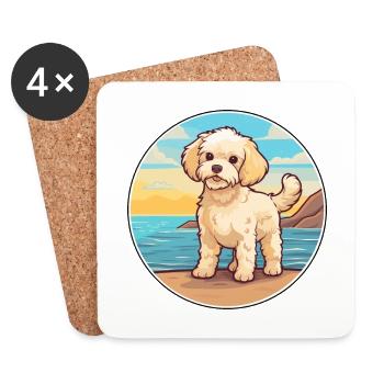 Maltipoo chien race dessin animé Kawaii Clipart chien animal de compagnie - Dessous de verre (lot de 4) - blanc - Devant
