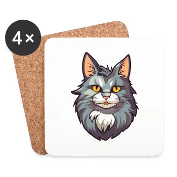 Maine Coon Cat Cartoon Watercolor Illustration - Coasters (set of 4) - white - Front