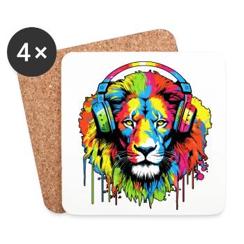 Lion with headphones Lion Head Lions - Coasters (set of 4) - white - Front