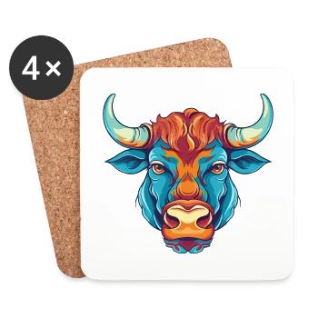 Bull Colorful Watercolor Cartoon Kawaii Animal - Coasters (set of 4) - white - Front