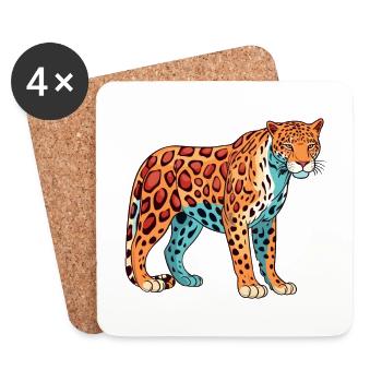 Jaguar Aquarelle Colorée Dessin Animé Kawaii Animal - Dessous de verre (lot de 4) - blanc - Devant