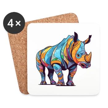 Rhinocéros Aquarelle Colorée Dessin Animé Kawaii Animal - Dessous de verre (lot de 4) - blanc - Devant