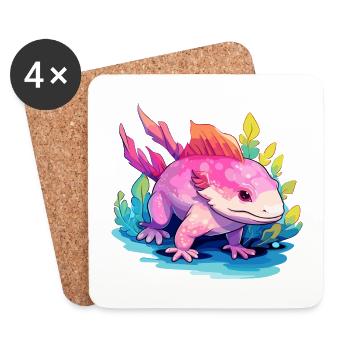 Axolotl Aquarelle Colorée Dessin Animé Kawaii Animal - Dessous de verre (lot de 4) - blanc - Devant
