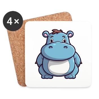 Hippopotame mignon dessin animé kawaii aquarelle animal animal de compagnie - Dessous de verre (lot de 4) - blanc - Devant