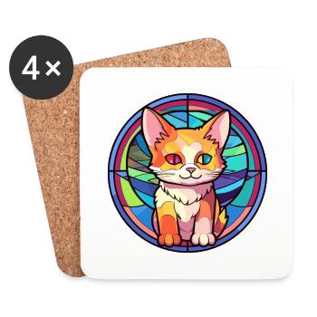 Chaton vitrail coloré dessin animé Kawaii Anima - Dessous de verre (lot de 4) - blanc - Devant