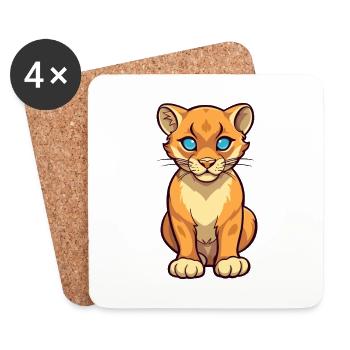 Cougar Cute Cartoon Kawaii Watercolor Animal Pet - Coasters (set of 4) - white - Front