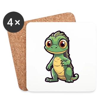 Iguana Cute Cartoon Kawaii Watercolor Animal Pet - Coasters (set of 4) - white - Front