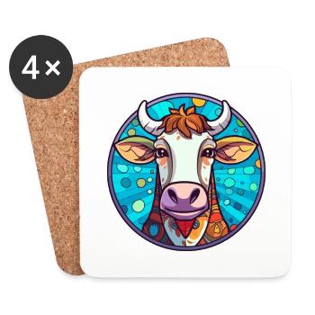 Vache vitrail coloré dessin animé Kawaii Animal - Dessous de verre (lot de 4) - blanc - Devant