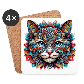 Cat decorated with Mandalas - Coasters (set of 4) - white - Front
