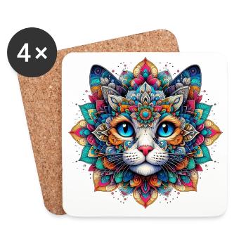 Cat decorated with Mandalas - Coasters (set of 4) - white - Front