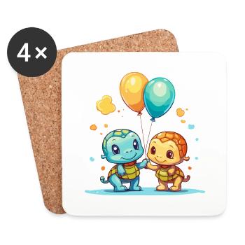 Turtles Kawaii Cartoon Pet Playing With Balloons - Coasters (set of 4) - white - Front