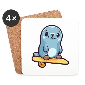 Lustige Robbe Kawaii Cartoon Haustier spielt Skateboard - Untersetzer (4er-Set) - Weiß - Vorne