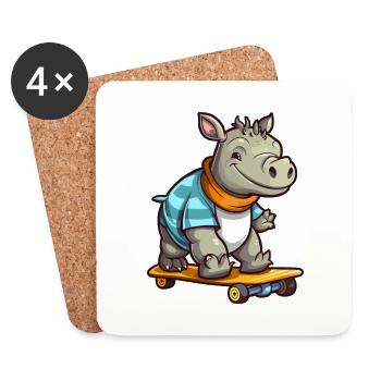 Drôle Rhino Kawaii Cartoon Pet Jouer Skateboard - Dessous de verre (lot de 4) - blanc - Devant