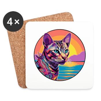 Ocicat Chat Race Aquarelle Dessin animé Kawaii Animal de compagnie - Dessous de verre (lot de 4) - blanc - Devant
