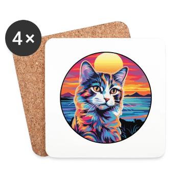 Ragamuffin Chat Race Aquarelle Dessin animé Kawaii Animal de compagnie - Dessous de verre (lot de 4) - blanc - Devant