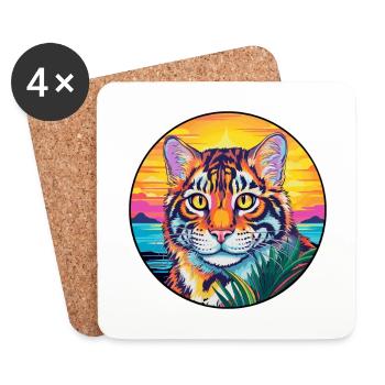 Race de chat tigre aquarelle dessin animé Kawaii animal de compagnie - Dessous de verre (lot de 4) - blanc - Devant