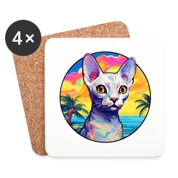 Devon Rex Chat Race Aquarelle Dessin animé Kawaii Animal de compagnie - Dessous de verre (lot de 4) - blanc - Devant