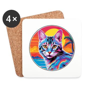 Chat européen à poil court aquarelle dessin animé Kawaii - Dessous de verre (lot de 4) - blanc - Devant