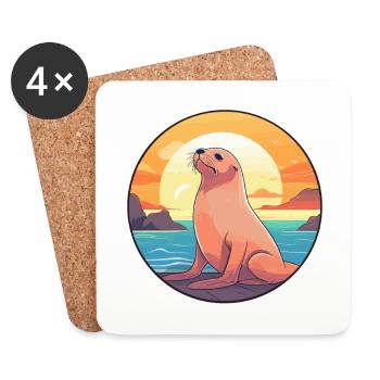 Sea Lion Colorful Watercolor Cartoon Kawaii Animal - Coasters (set of 4) - white - Front
