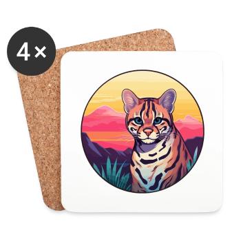 Ocelot Colorful Watercolor Cartoon Kawaii Animal - Coasters (set of 4) - white - Front