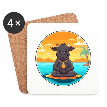 Buffalo Cartoon Yoga plage Illustration d’été - Dessous de verre (lot de 4) - blanc - Devant
