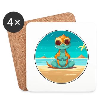 Chameleon Cartoon Yoga Beach Summer Illustration - Coasters (set of 4) - white - Front