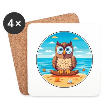 Owl Cartoon Yoga Beach Summer Illustration - Coasters (set of 4) - white - Front