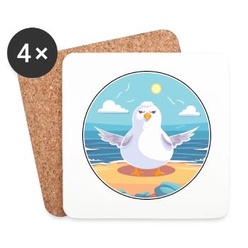 Seagull Cartoon Yoga Beach Summer Illustration - Coasters (set of 4) - white - Front