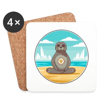 Seehund, Karikatur, Yoga, Strand, Sommer, Illustration - Untersetzer (4er-Set) - Weiß - Vorne