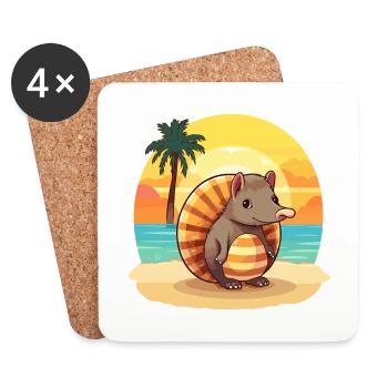 Armadillo Funny Cartoon Kawaii Beach Illustration - Coasters (set of 4) - white - Front