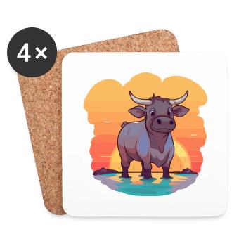 Bull Funny Cartoon Kawaii Beach Illustration - Coasters (set of 4) - white - Front