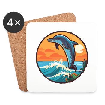 Dolphin Funny Cartoon Kawaii Beach Illustration - Coasters (set of 4) - white - Front