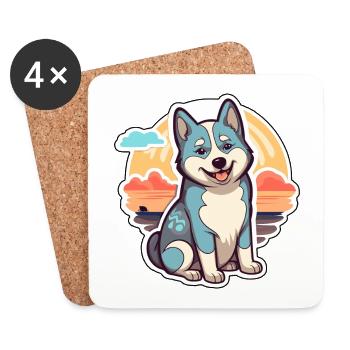 Husky chien drôle dessin animé kawaii plage illustration - Dessous de verre (lot de 4) - blanc - Devant