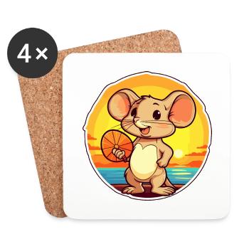 Mouse Funny Cartoon Kawaii Beach Illustration - Coasters (set of 4) - white - Front